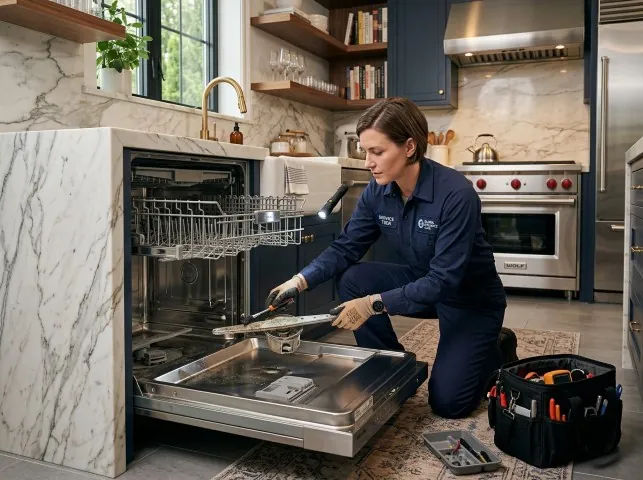 Appliance Repair Hero technician servicing a built-in dishwasher in a Aliquippa, PA kitchen
