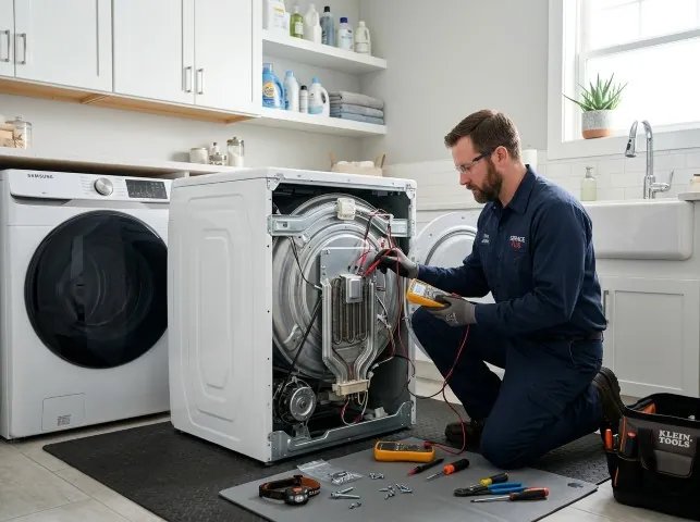 Appliance Repair Hero technician checking a dryer heating element with the rear panel off in Aliquippa, PA