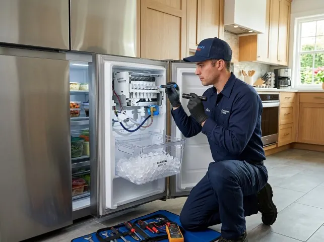 Appliance Repair Hero technician repairing a refrigerator ice maker in Aliquippa, PA