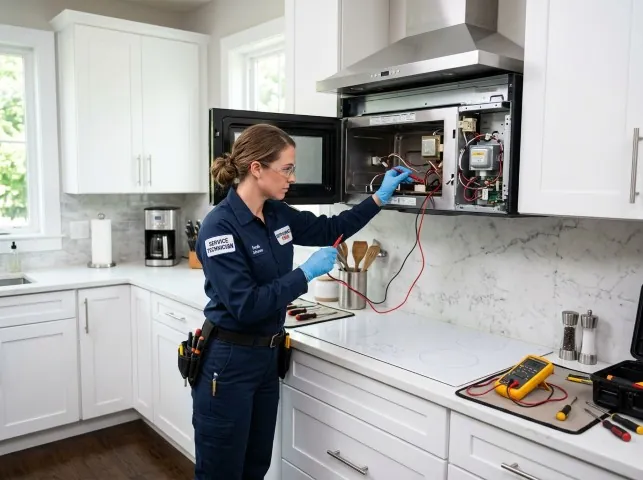 Appliance Repair Hero technician testing an over-the-range microwave in a Aliquippa, PA kitchen