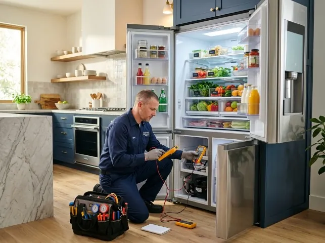 Appliance Repair Hero refrigerator technician testing a fridge on a Aliquippa, PA service call