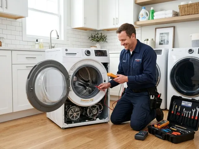 Appliance Repair Hero technician testing a front-load washer with a multimeter on a Aliquippa, PA service call